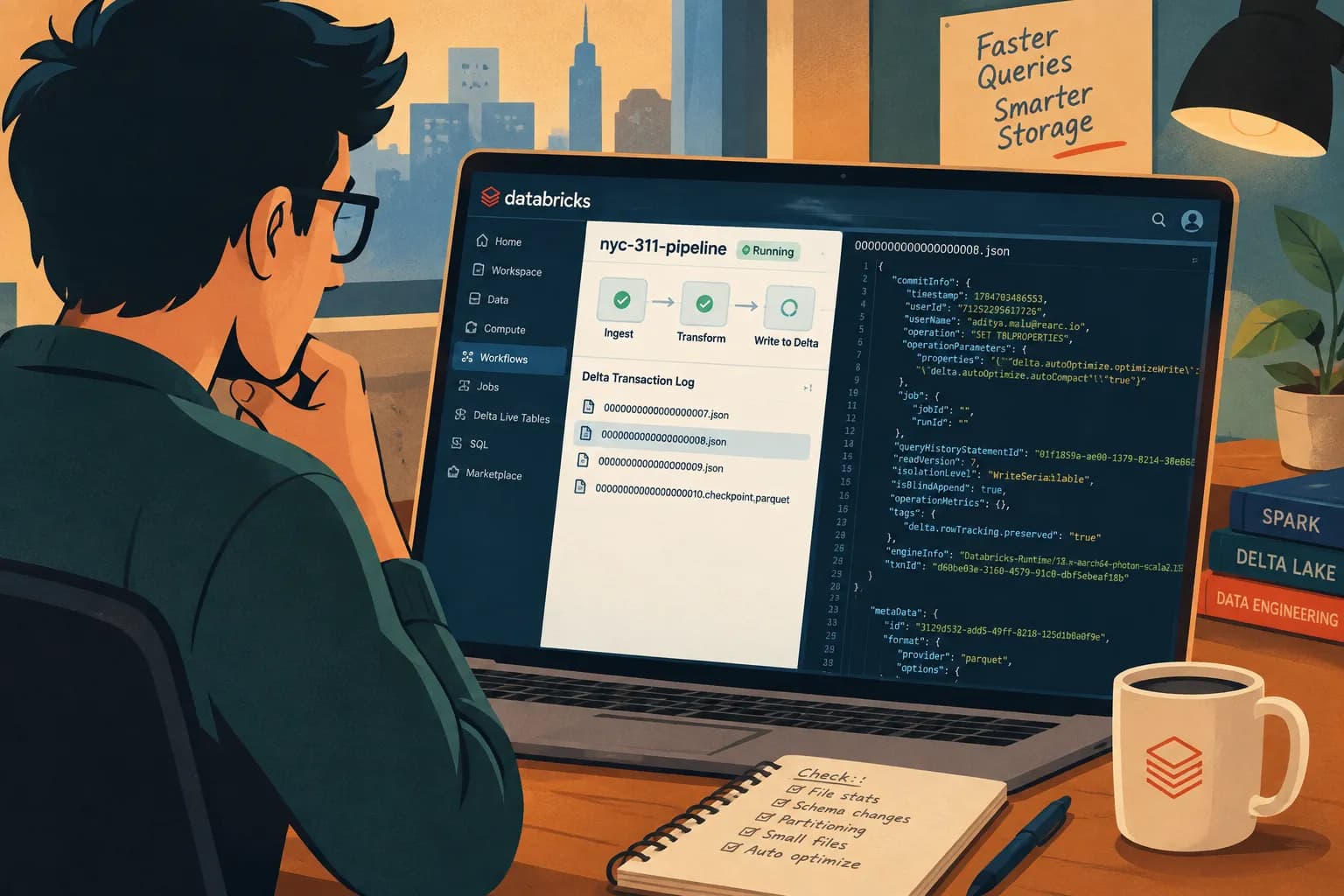 Illustration of an engineer at a laptop viewing a Databricks nyc-311-pipeline job and Delta Transaction Log JSON, beside a Faster Queries, Smarter Storage note, Spark and Delta Lake books, and a checklist